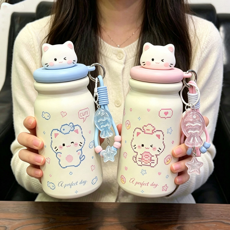 可爱拼豆小猫陶瓷保温杯女士高颜值2026新款吸管杯学生专用泡茶杯