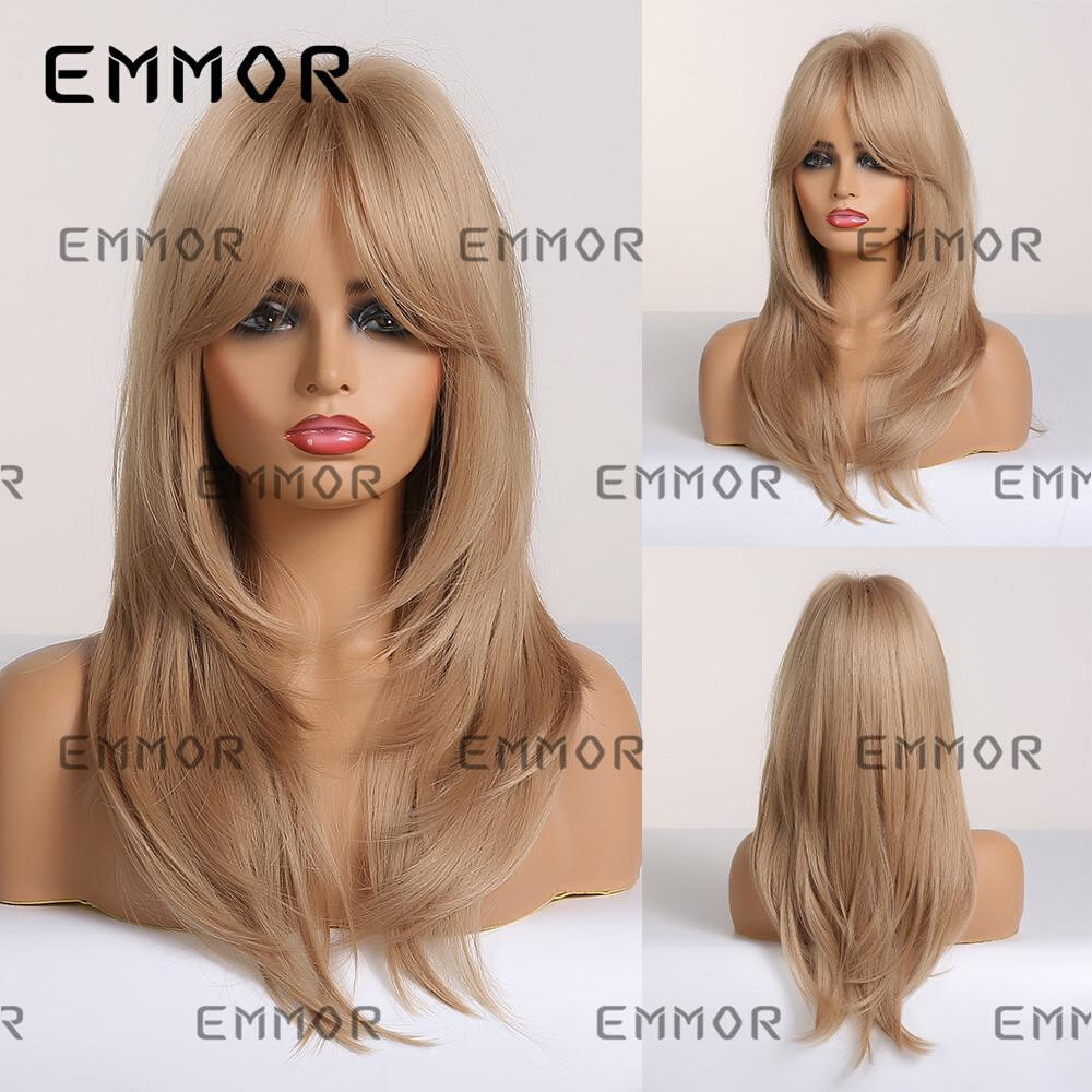 Emmor欧美女士假发 八K字刘海渐变金色中长款发尾卷假发 多色可选