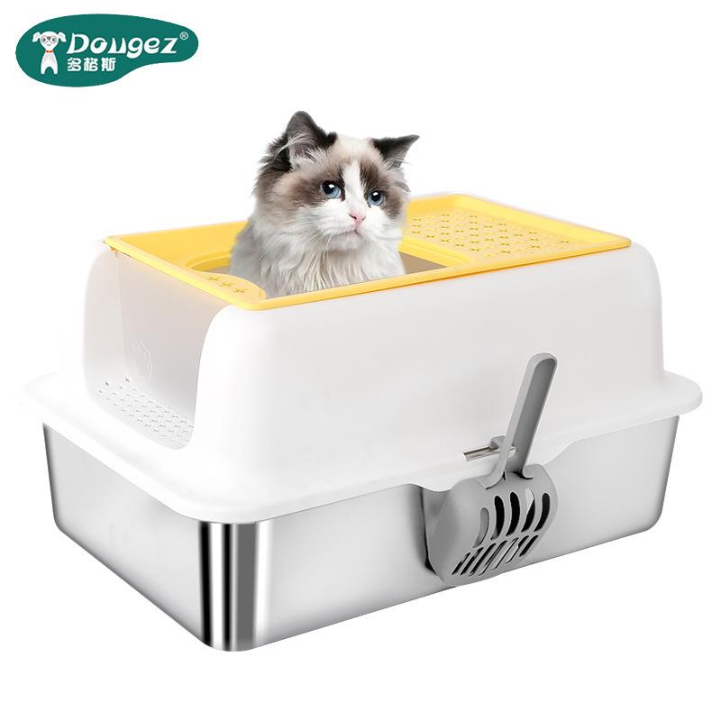 新款半封闭大号不锈钢猫砂盆宠物屎盆易清洁防外溅隔臭顶入猫厕所