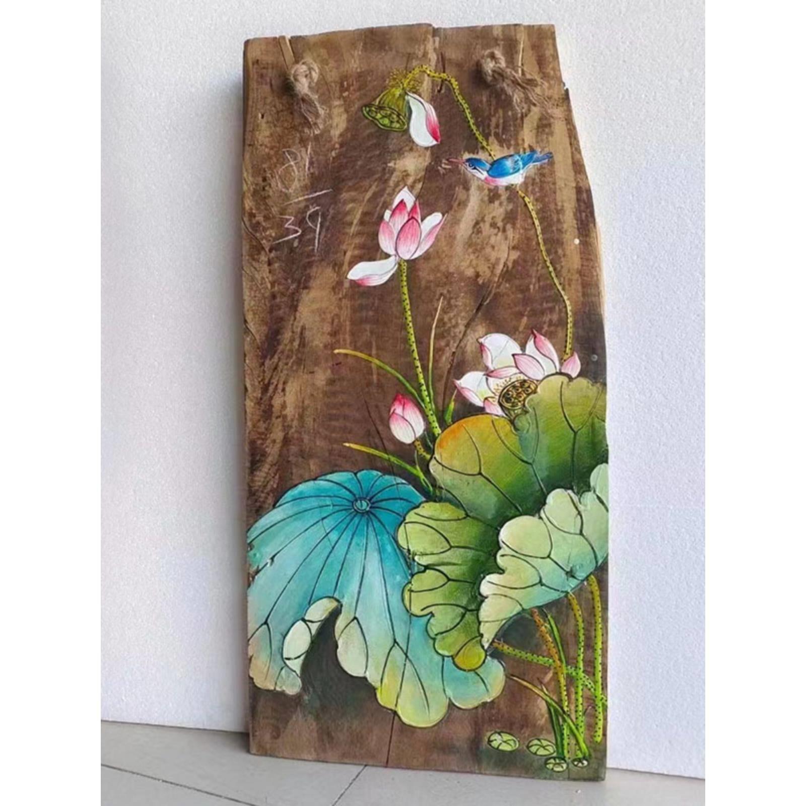中式复古手绘木板画卧室客厅风化木装饰挂画荷花室内户外牌匾定制图片