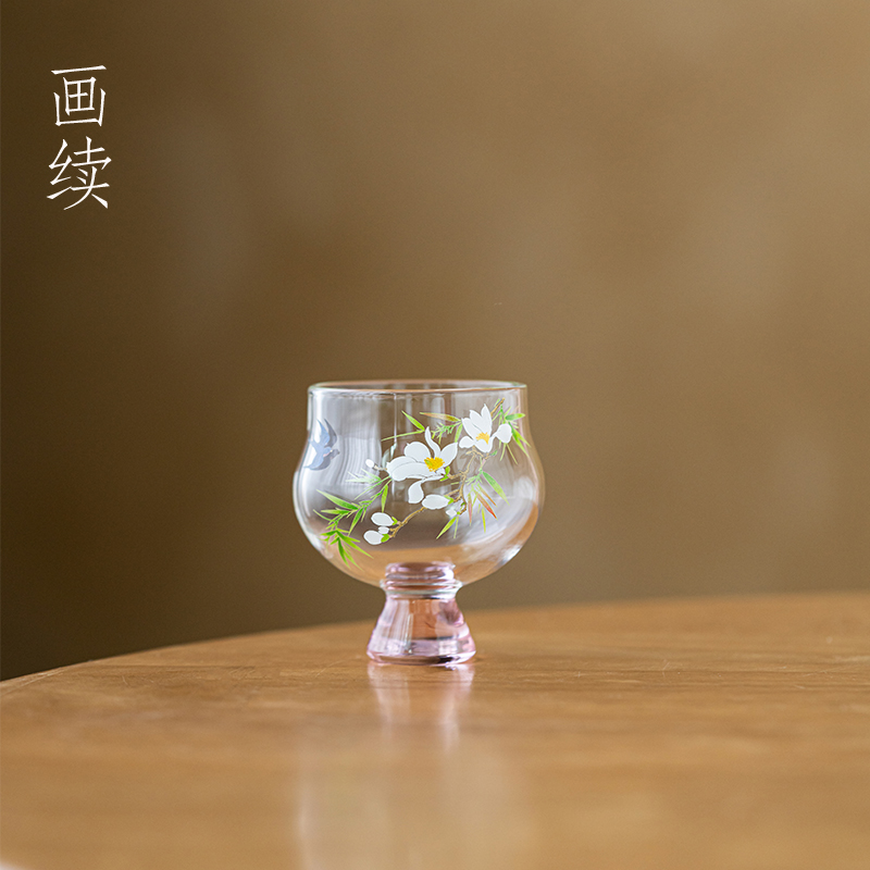 画续春暖花开高足圆口玻璃杯