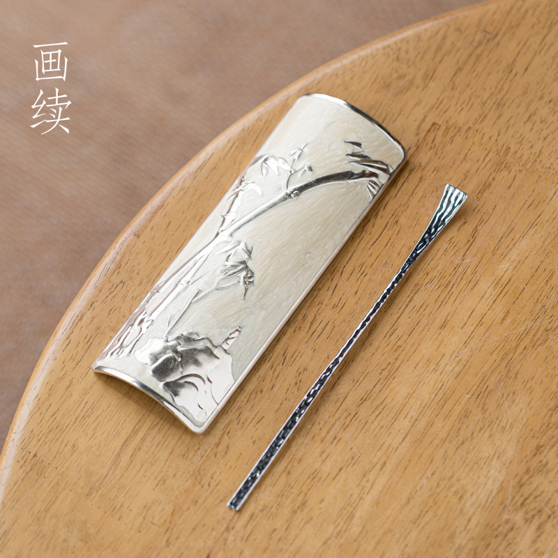 画续竹影银辉茶则组合茶荷茶拨