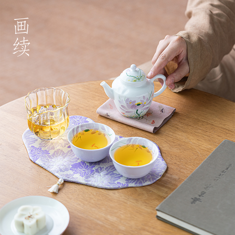 画续白瓷手绘紫荷花旅行茶具套装