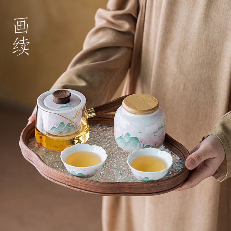 画续白瓷粉黛手绘远山茶具套装玻璃侧把壶功夫茶具陶瓷品茗杯茶罐