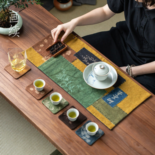 中式 画续国风干泡席套装 棉麻禅意防水茶席垫子干泡布艺茶道配件