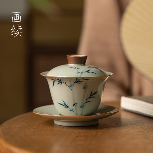 釉下彩纯手绘三才盖碗茶杯