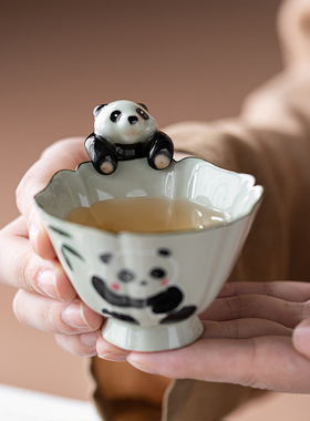 画续创意国风陶瓷小熊猫茶宠挂件主人杯盖碗挂饰可爱摆件盖置配件