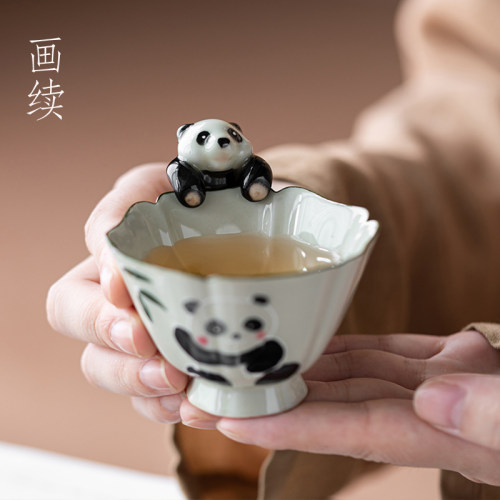 画续创意国风陶瓷小熊猫茶宠挂件主人杯盖碗挂饰可爱摆件盖置配件