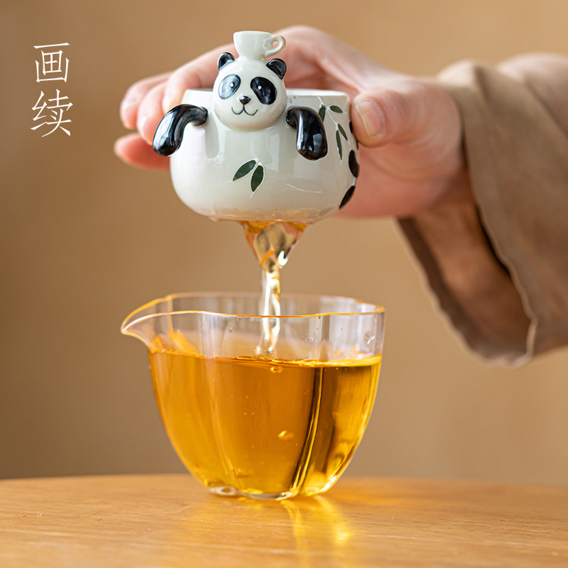画续草木灰手绘熊猫挂耳茶漏泡茶杯创意可爱茶水分离器公杯茶隔