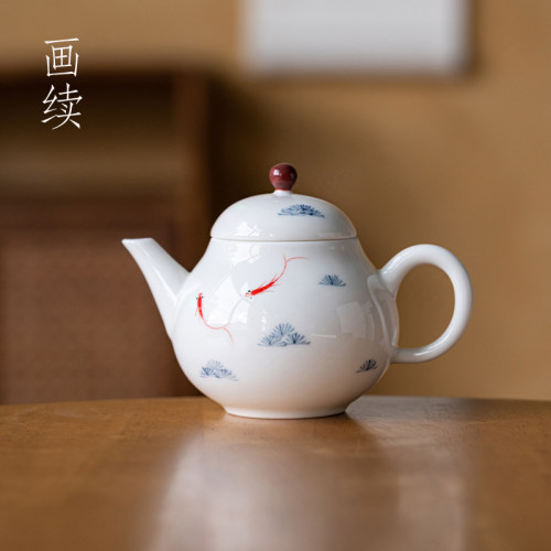 釉下彩手绘小鱼白瓷茶壶泡茶