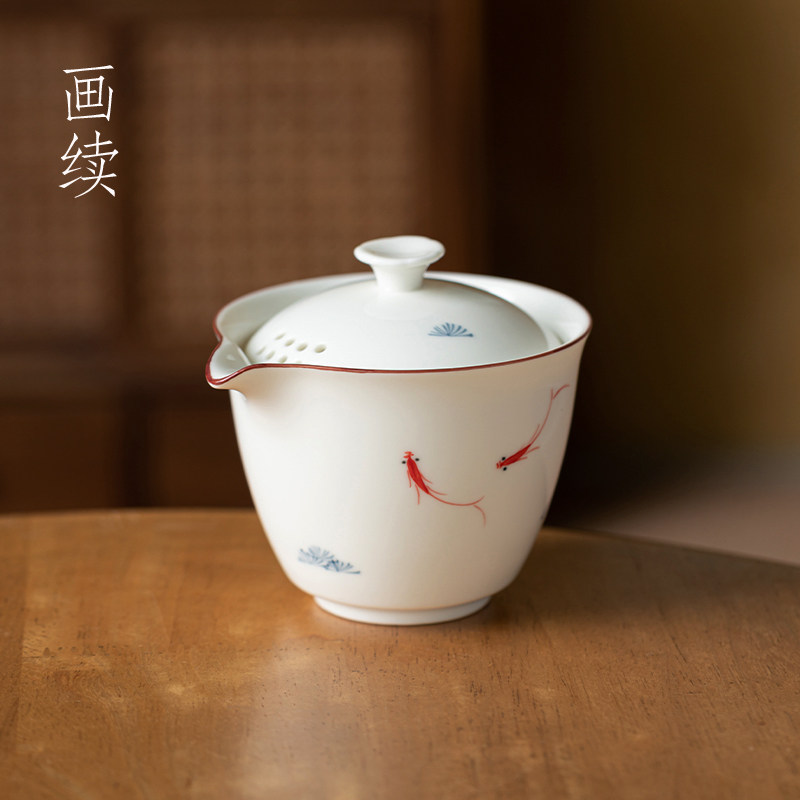 手绘鱼戏白瓷手抓壶盖碗泡茶杯单壶家用陶瓷一人用功夫茶具不烫手