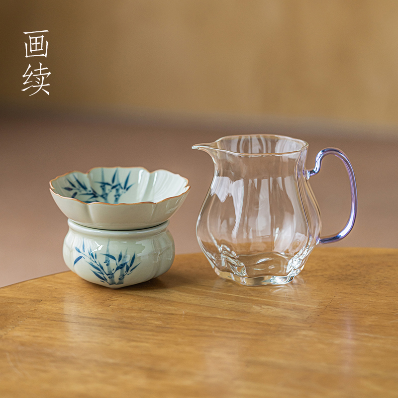 画 画续瓜棱玻璃公道杯手绘陶瓷茶漏套装家用分茶器套装茶室茶道