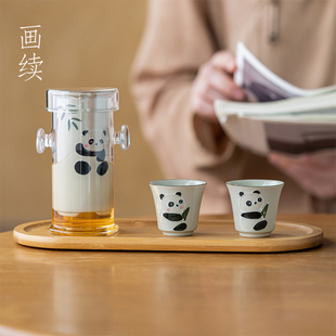 画续熊猫玻璃红茶泡茶具玻璃双耳冲茶器陶瓷过滤内胆釉下彩泡茶壶