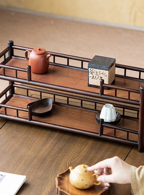 画续复古雅风竹制双层博古架家用中式茶具架新中式茶杯架茶壶架