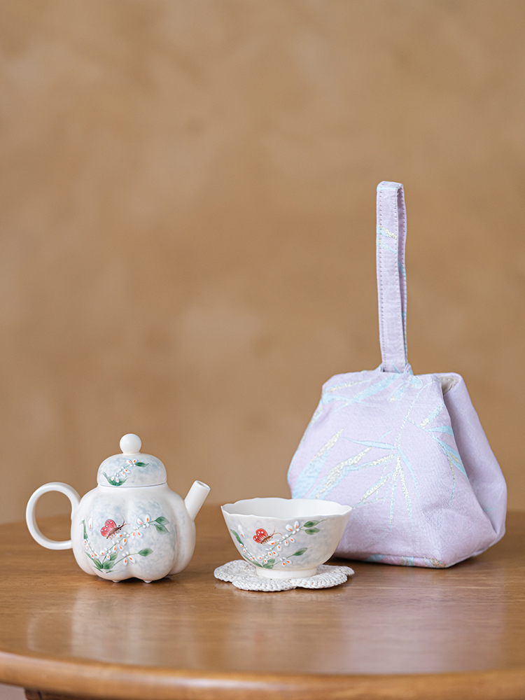 延续水彩风格手绘蝴蝶舞茶壶陶瓷茶具旅行套装一壶一杯便携式化妆