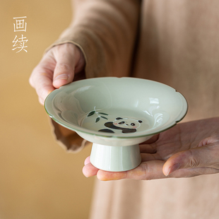 宋代禅意陶瓷水果碟精致点心盘 画续草木灰手绘高足葵口茶点盘中式