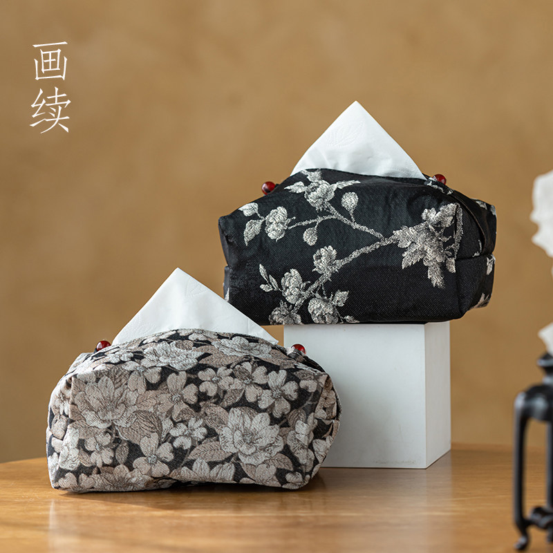 画续国风织锦纸巾盒高端轻奢布艺抽纸盒客厅桌面车载家用收纳盒