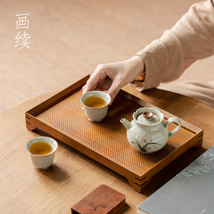 画续楠竹席面干泡台茶盘客厅茶室家用单独小型竹制托盘单层竹子