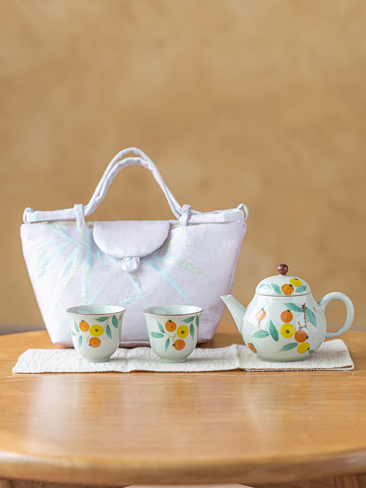 画续草木灰手绘枇杷梨形茶壶一壶二杯功夫旅行茶具便携收纳包旅游