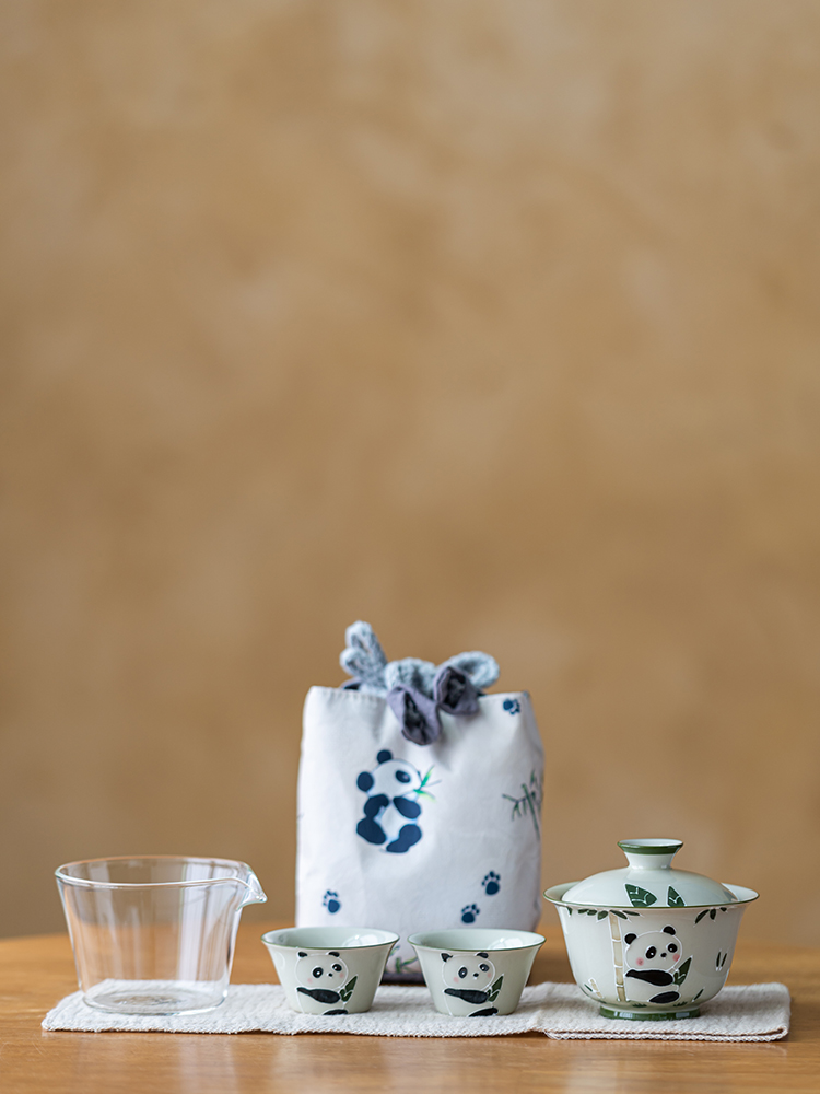 画续草木灰手绘熊猫快客杯一壶二杯功夫旅行茶具便携式收纳包旅游