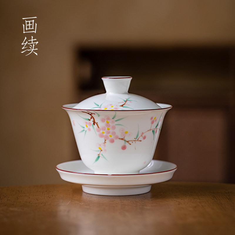 画续手绘桃花德化白瓷三才盖碗茶杯单个高档泡茶碗功夫茶具陶瓷