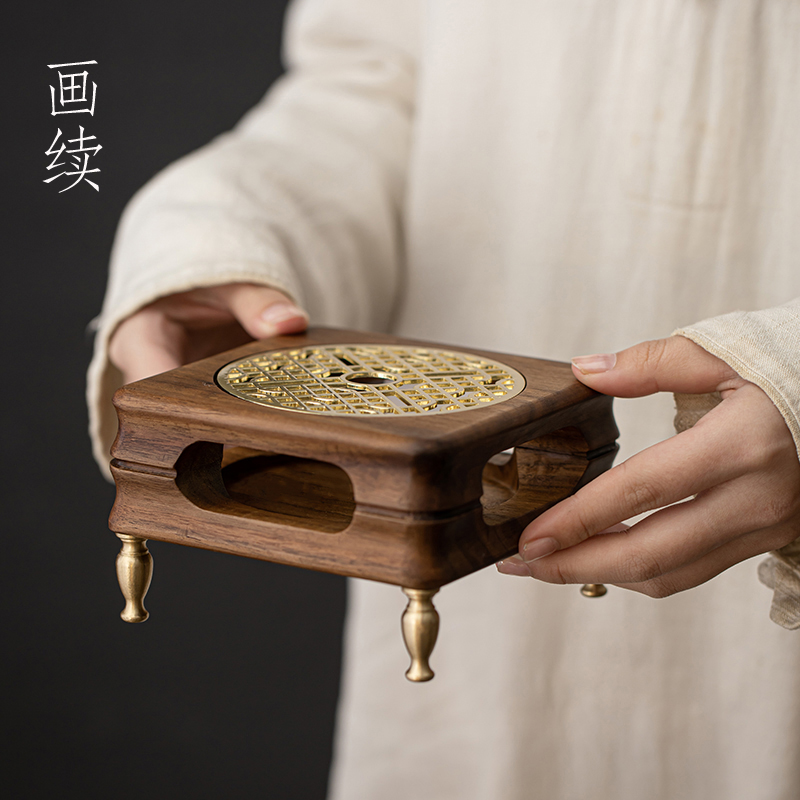 画续胡桃木铜足鼎煮茶炉中式家用蜡烛加热温茶器底座炒茶提香加热