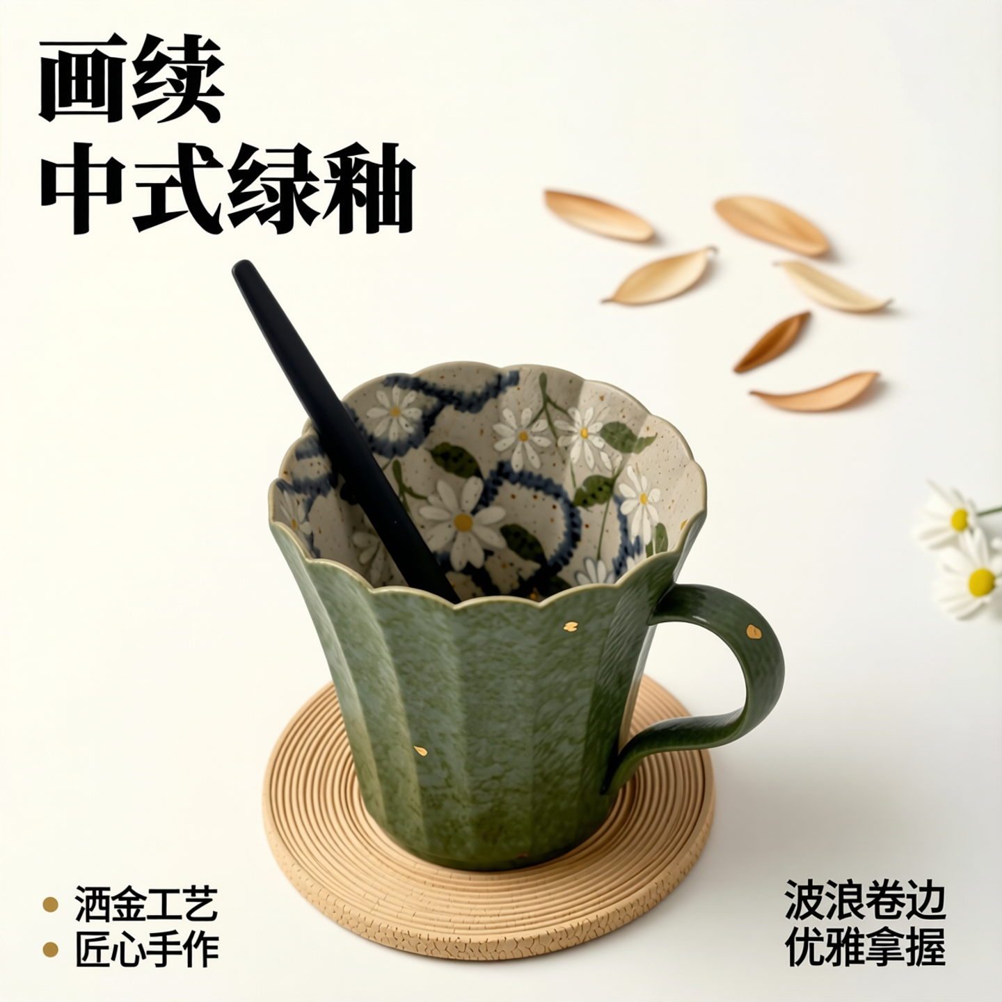 画续绿釉洒金内绘雏菊咖啡杯马克杯礼盒装高颜值陶瓷中式家用杯子