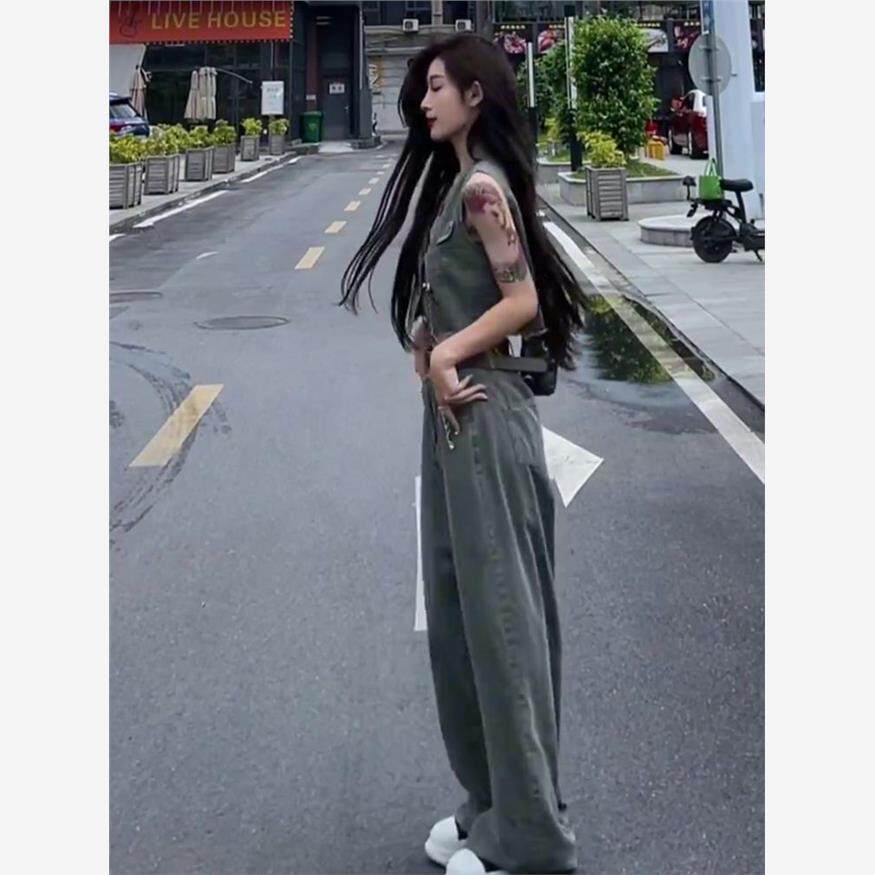港味复古牛仔套装女夏季新款毛边无袖短款马甲高腰阔腿长裤两件套