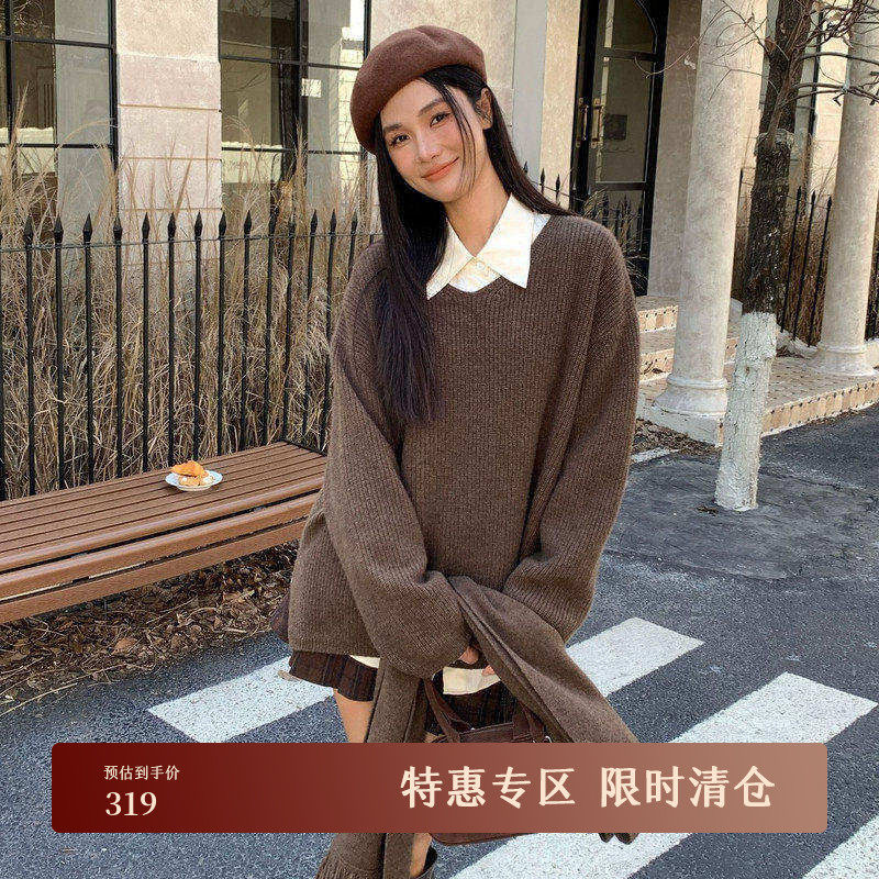 黑标BAIZHUO冬季新款慵懒风针织衫+开拆卸围巾羊毛套装AZ4