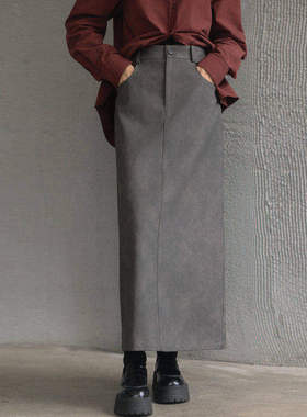 AIRIQI冬季新款休闲百搭高腰显瘦PU直筒后开衩半身裙女AY44BQ239