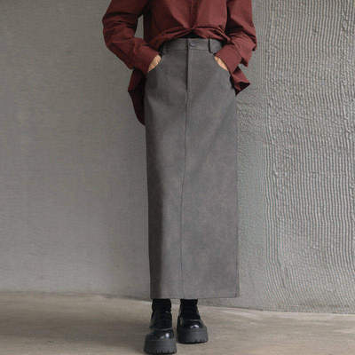 AIRIQI冬季新款百搭PU直筒半身裙