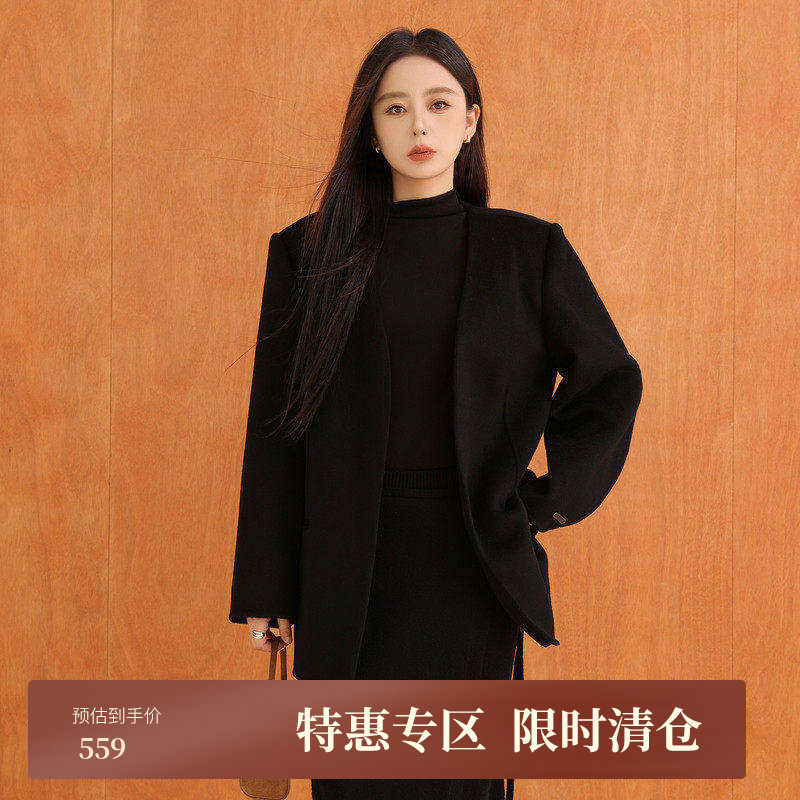 黑标BAIZHUO冬季新款休闲简约V领全羊毛双面呢毛呢外套AZ4