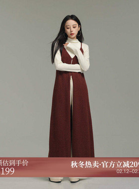 AIRIQI冬季新款极简风全开襟宽松V领针织吊带罩衫连衣裙AX44LQ288