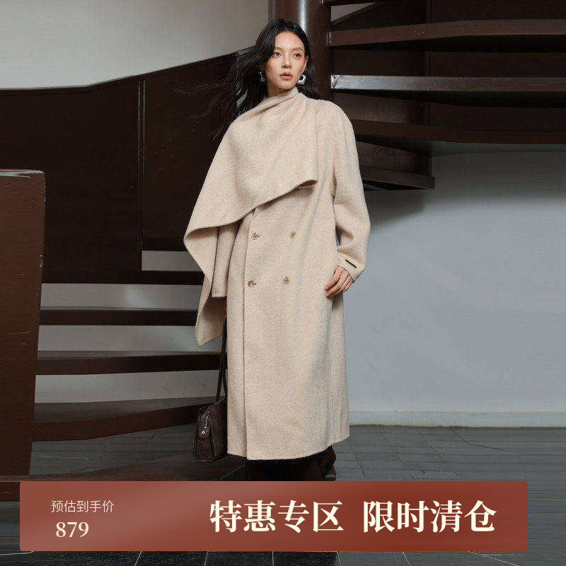 黑标BAIZHUO冬季新款双面呢设计感围巾领驼绒毛呢外套女AZ4