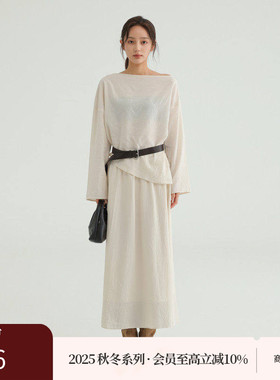 AIRIQI商场同款25秋新款斜肩领小衫+压褶半身裙天丝套装AH53TZ063