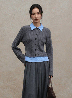 AIRIQI商场同款25冬新款miu系假两件全羊毛绞花针织开衫AY54KS326