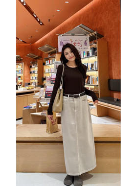 AIRIQI春季新款休闲百搭直筒后开叉全棉牛仔超轻量半裙AI51BQ009