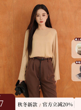 黑标BAIZHUO秋季新款休闲通勤极简圆领长袖捏褶设计衬衫AZ43XS413