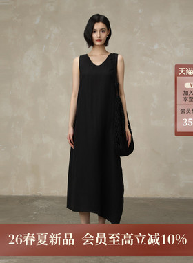 BAIZHUO商场同款26夏新款极简天丝V领廓形斜边A字连衣裙AZ62LQ155