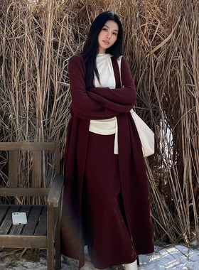 黑标BAIZHUO春季新款慵懒V领廓形系带长款全羊毛针织衫AZ51KS060