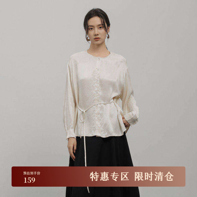 黑标BAIZHUO冬季新款极简圆领抽褶收腰系带长袖天丝衬衫AZ4