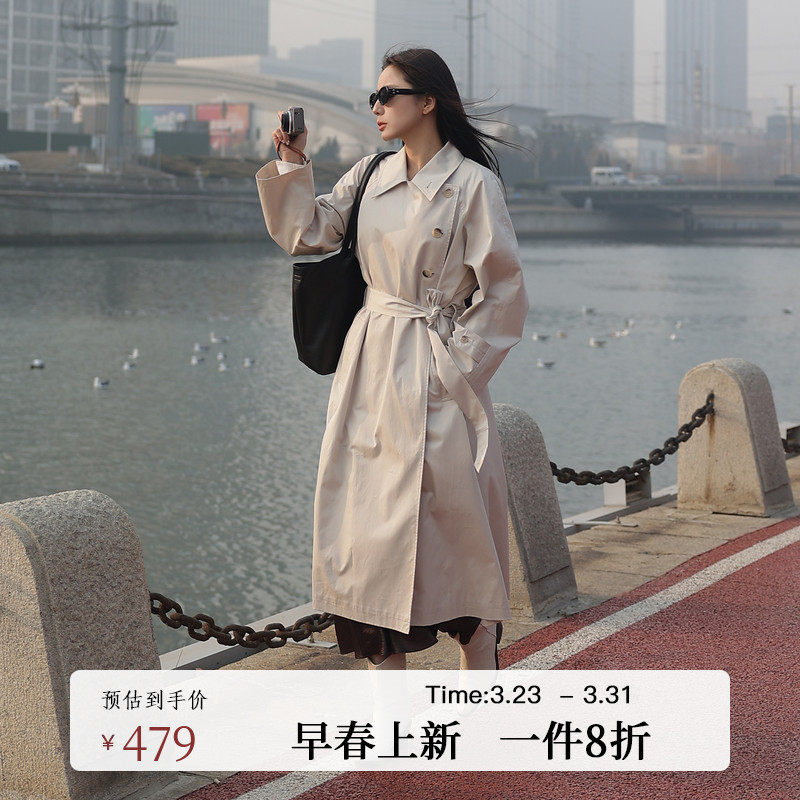 黑标BAIZHUO春季新款复古立领腰带收腰休闲通勤风衣外套AZ5