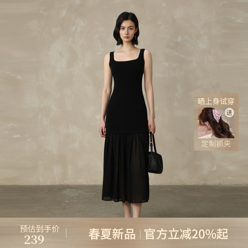 AIRIQI夏季新款休闲薄纱拼接百褶无袖修身背心连衣裙女AH52LQ716