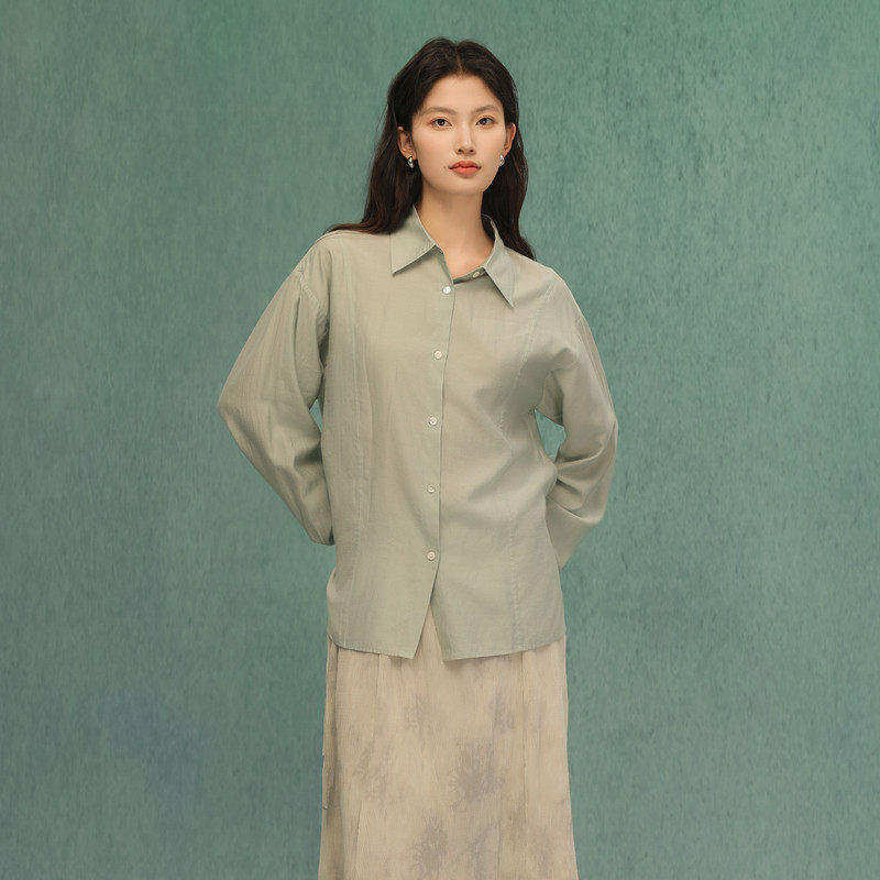 AIRIQI秋季新款休闲宽松通勤轻熟系扣收腰翻领长袖衬衫AH43