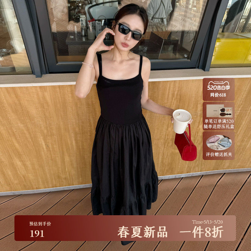 AIRIQI春季新款方领高腰A字拼接压褶设计感吊带连衣裙女AY5