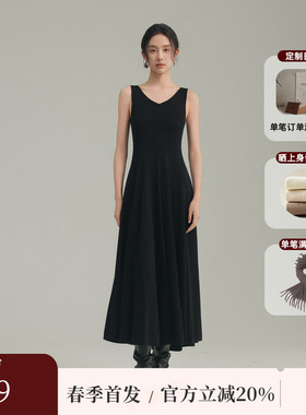 AIRIQI春季新款优雅气质针织收腰简约V领无袖A摆连衣裙AH51LQ052