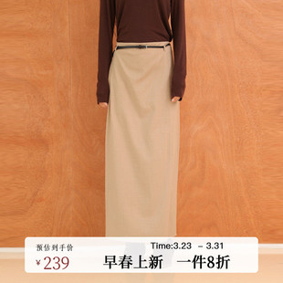 黑标BAIZHUO春季 休闲通勤直筒高腰赠腰带羊毛半身裙AZ53BQ130 新款