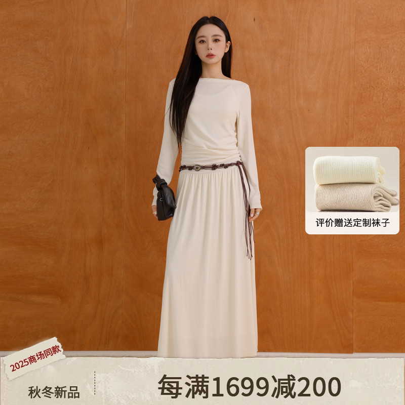 AIRIQI25冬新款碎褶长袖连衣裙