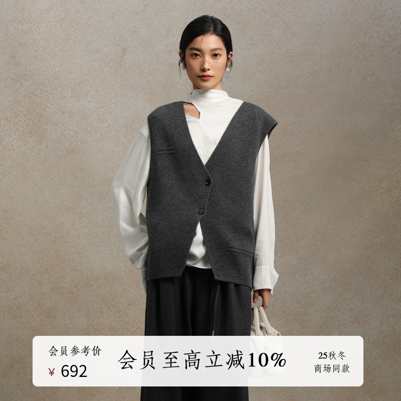 AIRIQI25冬新款复古v领羊毛马夹