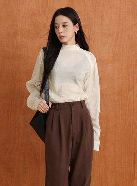 黑标BAIZHUO秋季新款拼接设计感宽松小高领侧排扣衬衫女AZ43XS288